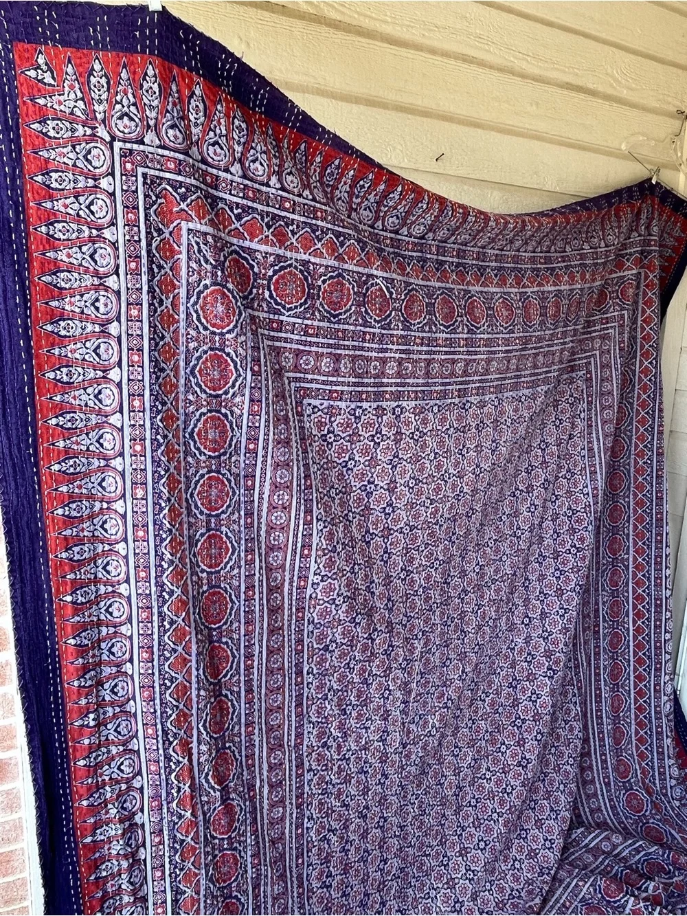 Vintage-Inspired Red & Blue Paisley Kantha Throw 100” x 87”